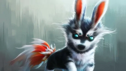 HD fantasy PC desktop wallpaper featuring a mystical creature with four glowing blue eyes, fluffy fur, large ears, and a vibrant red-tipped tail in a misty background.