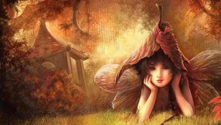 A whimsical fairy girl with leaf-like wings rests peacefully in a vibrant, fantasy landscape. This HD wallpaper adds a magical touch to any desktop background.
