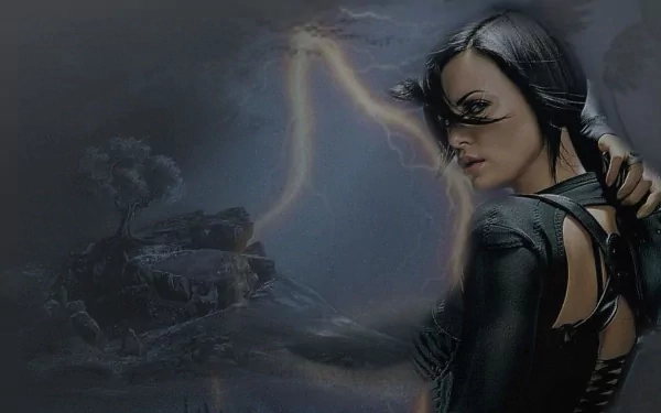 HD desktop wallpaper featuring Charlize Theron as Aeon Flux from the movie, striking a dynamic pose with a dark, futuristic background.