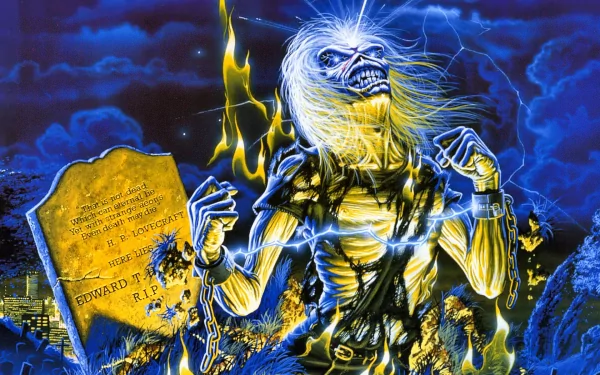 HD desktop wallpaper featuring Iron Maiden's iconic mascot, Eddie, rising from the grave in a dramatic, electrifying scene with blue and yellow tones.