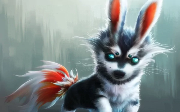 HD fantasy PC desktop wallpaper featuring a mystical creature with four glowing blue eyes, fluffy fur, large ears, and a vibrant red-tipped tail in a misty background.