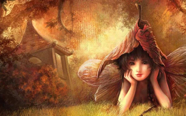 A whimsical fairy girl with leaf-like wings rests peacefully in a vibrant, fantasy landscape. This HD wallpaper adds a magical touch to any desktop background.