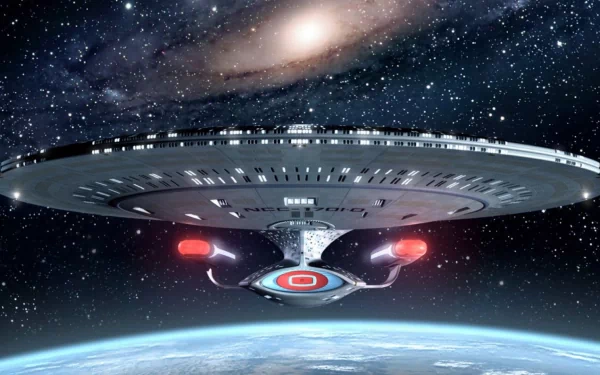 A stunning HD desktop wallpaper featuring the USS Enterprise from Star Trek: The Original Series, set against a backdrop of space and Earth.