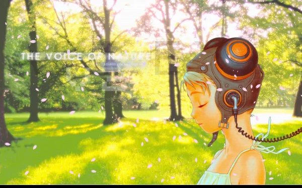HD anime desktop wallpaper featuring a serene scene from Last Exile, showing a character with a futuristic headset surrounded by sunlight filtering through green trees.