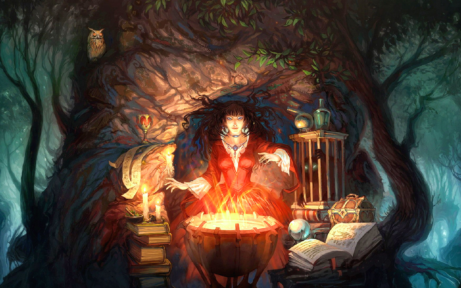 A mystical and enchanting scene featuring a working witch in a fantasy setting.