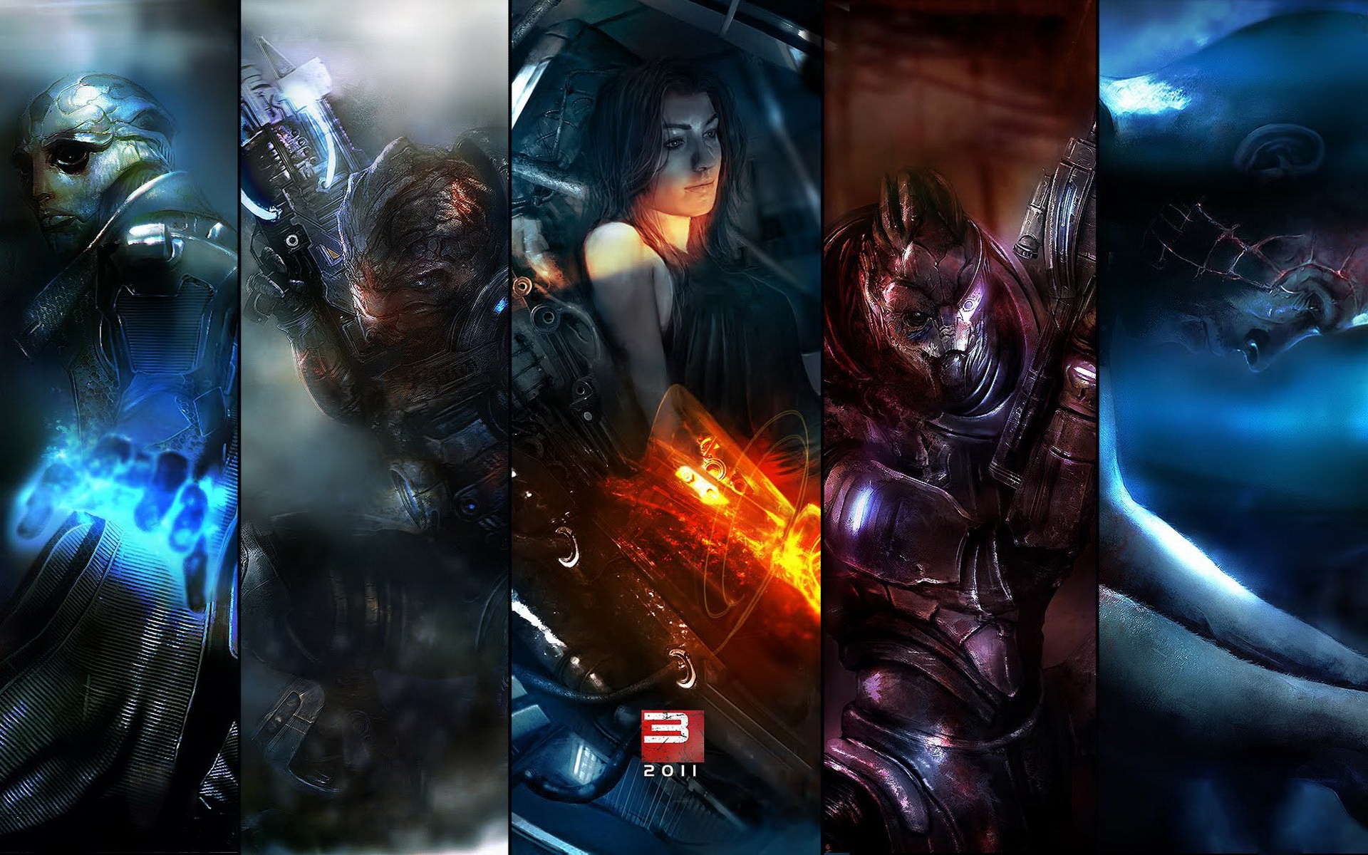 Mass Effect characters Shepard, Thane, Grunt, Garrus, and Miranda in a dramatic video game wallpaper.