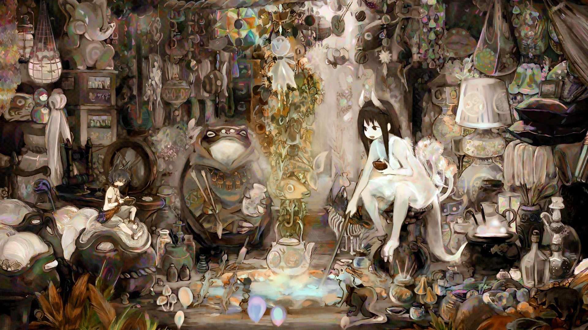 An original anime HD desktop wallpaper depicting a whimsical scene filled with fantastical elements, featuring a girl interacting with a magical environment and surrounded by curious objects.
