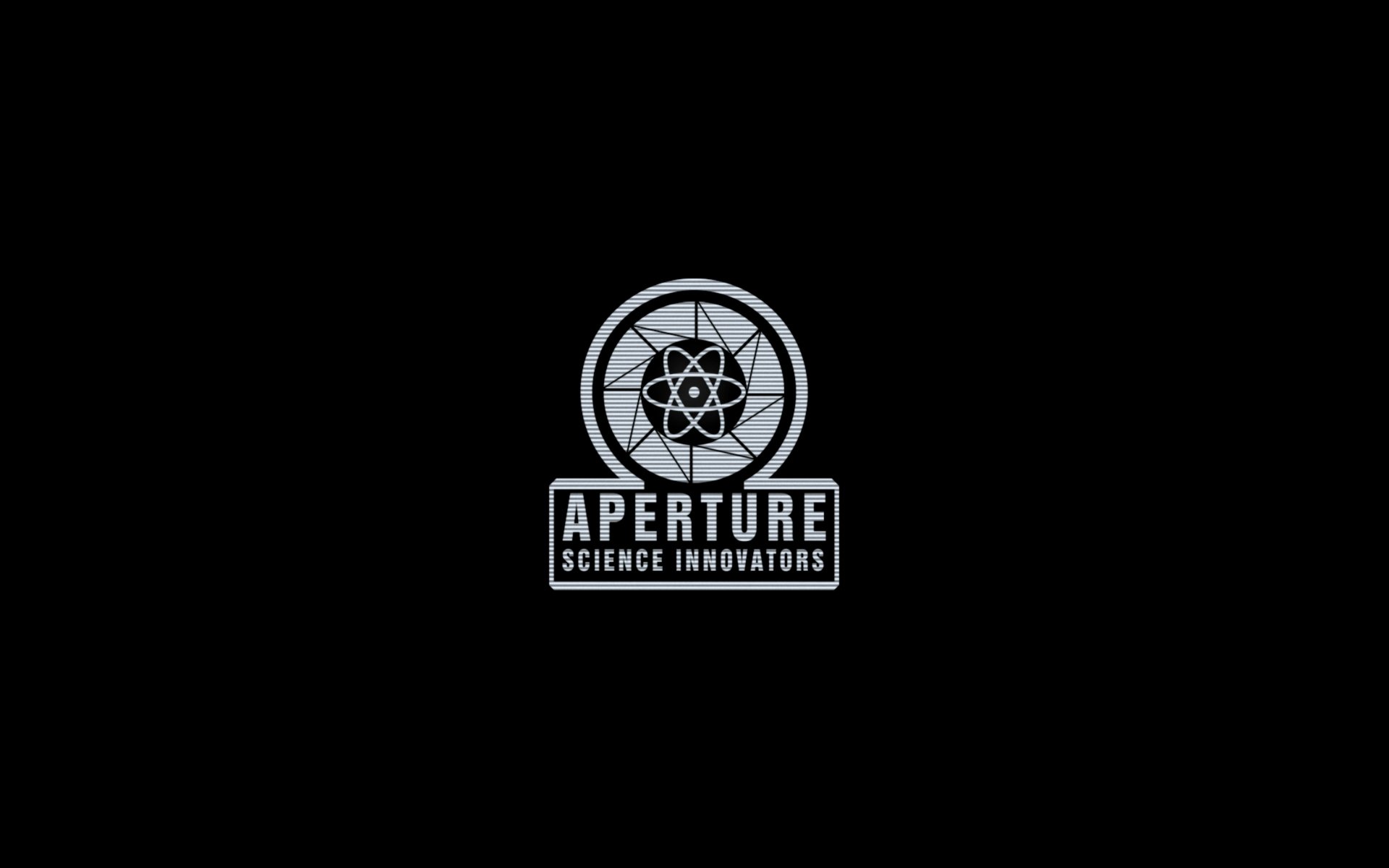 HD PC desktop wallpaper featuring the Aperture Science Innovators logo from the video game Portal 2 on a black background.