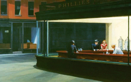 A high-definition artistic wallpaper depicting Edward Hopper's Nighthawks, featuring diners in a nighttime setting at a classic diner. Captures urban solitude and ambiance.