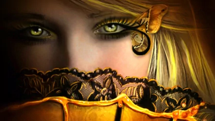 HD fantasy wallpaper featuring a mysterious woman with piercing eyes, partially hidden behind a golden fan adorned with lace and a butterfly.