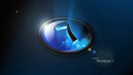 HD desktop wallpaper featuring a glowing blue Windows 7 logo set against a dark technology-themed background.