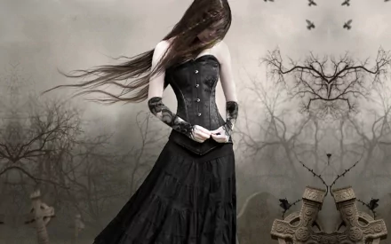 A lonely figure in gothic attire stands in a dark, eerie graveyard with leafless trees and ancient tombstones. Bats fly in the cloudy sky. HD wallpaper and background.