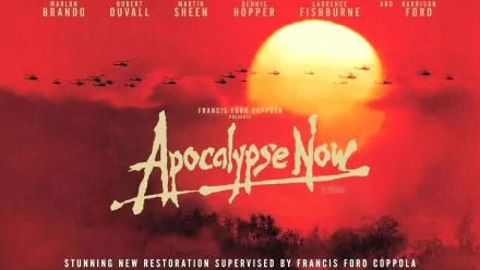 A striking HD desktop wallpaper featuring the iconic imagery of *Apocalypse Now*, showcasing its famous sunset and helicopter silhouettes, enhanced by a new restoration by Francis Ford Coppola.