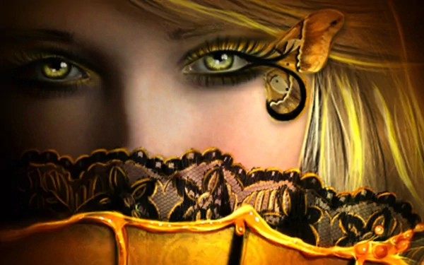 HD fantasy wallpaper featuring a mysterious woman with piercing eyes, partially hidden behind a golden fan adorned with lace and a butterfly.