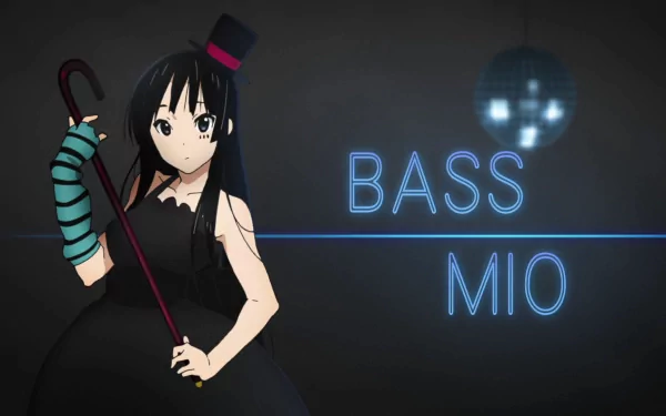 HD PC desktop wallpaper featuring Mio Akiyama from K-ON! in a black dress and top hat, holding a cane with neon text BASS MIO and a glowing disco ball.