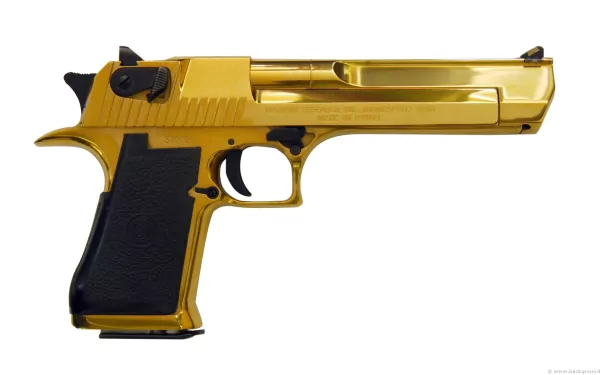 A close-up of a gold-plated Desert Eagle handgun, showcasing its sleek design. The image serves as a high-definition desktop wallpaper and background.