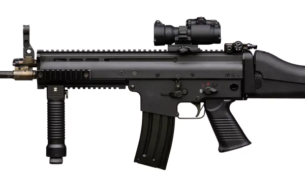 HD desktop wallpaper featuring a detailed image of a man-made FN SCAR-L assault rifle with scope and foregrip.