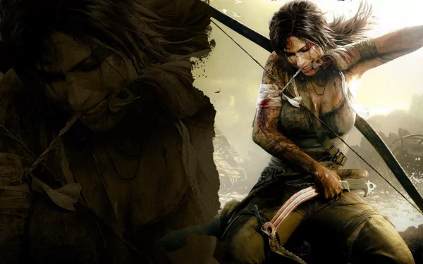 HD desktop wallpaper featuring Lara Croft from the Tomb Raider video game series, showcasing her in an action-packed pose amidst a dynamic background.
