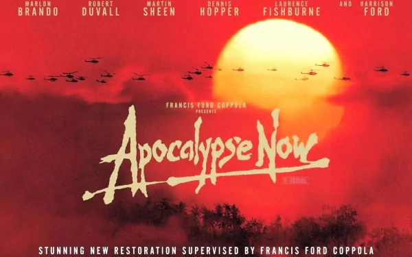 A striking HD desktop wallpaper featuring the iconic imagery of *Apocalypse Now*, showcasing its famous sunset and helicopter silhouettes, enhanced by a new restoration by Francis Ford Coppola.