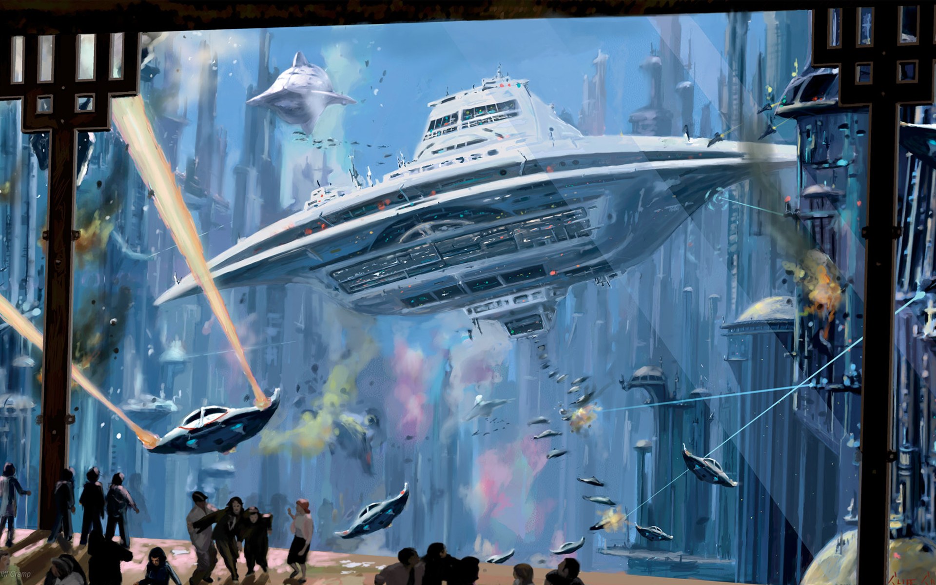Sci-fi battle scene wallpaper for desktop.