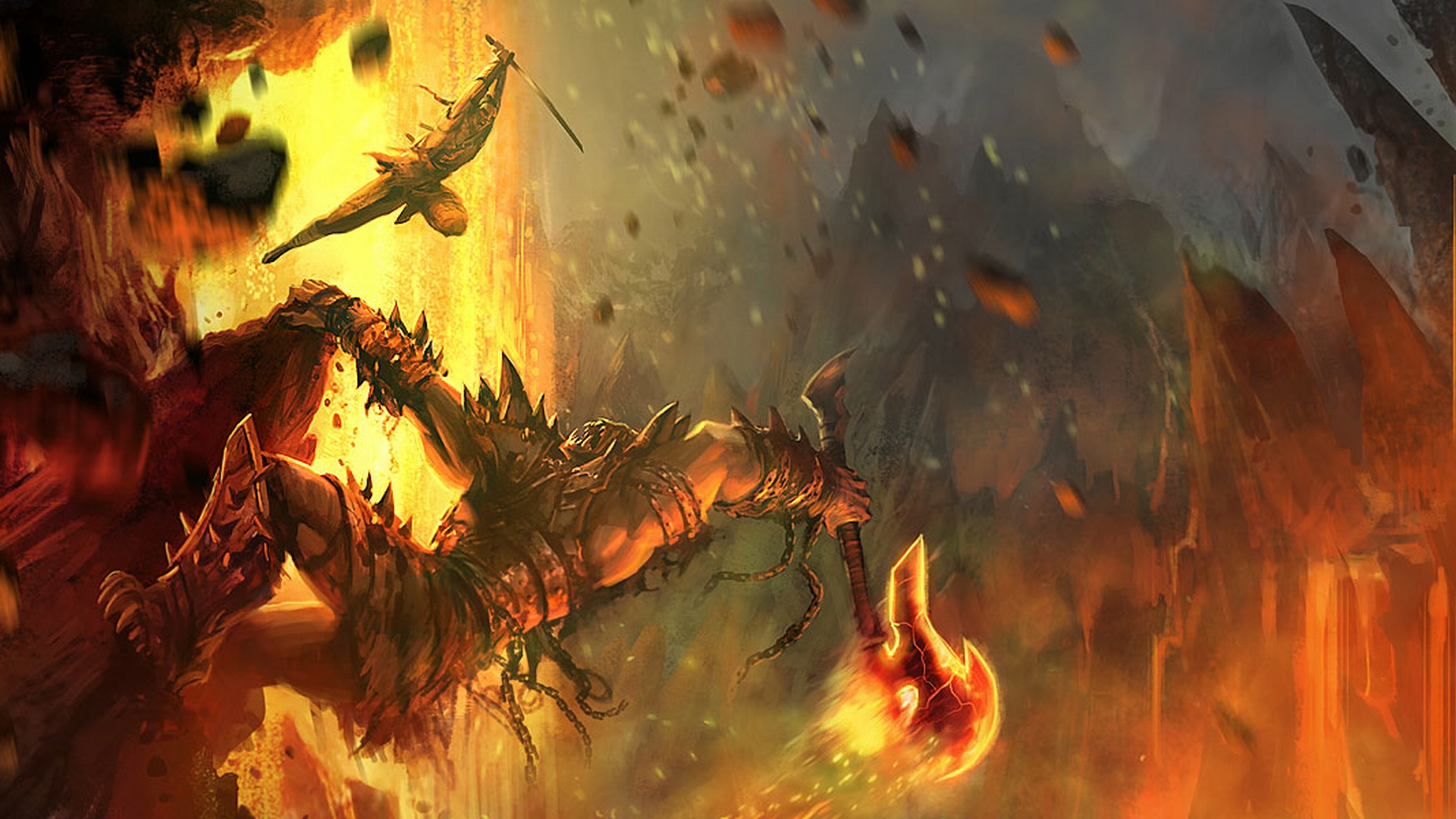 Fantasy battle scene on a vibrant desktop wallpaper.