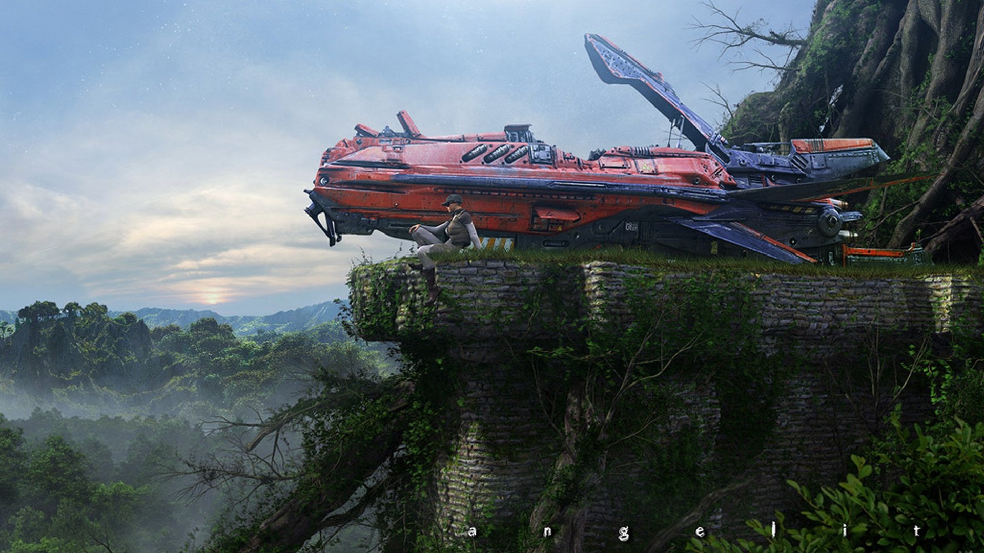 A vibrant HD desktop wallpaper featuring a futuristic spacecraft resting on a lush, overgrown cliffside, surrounded by misty mountains and a serene sky.