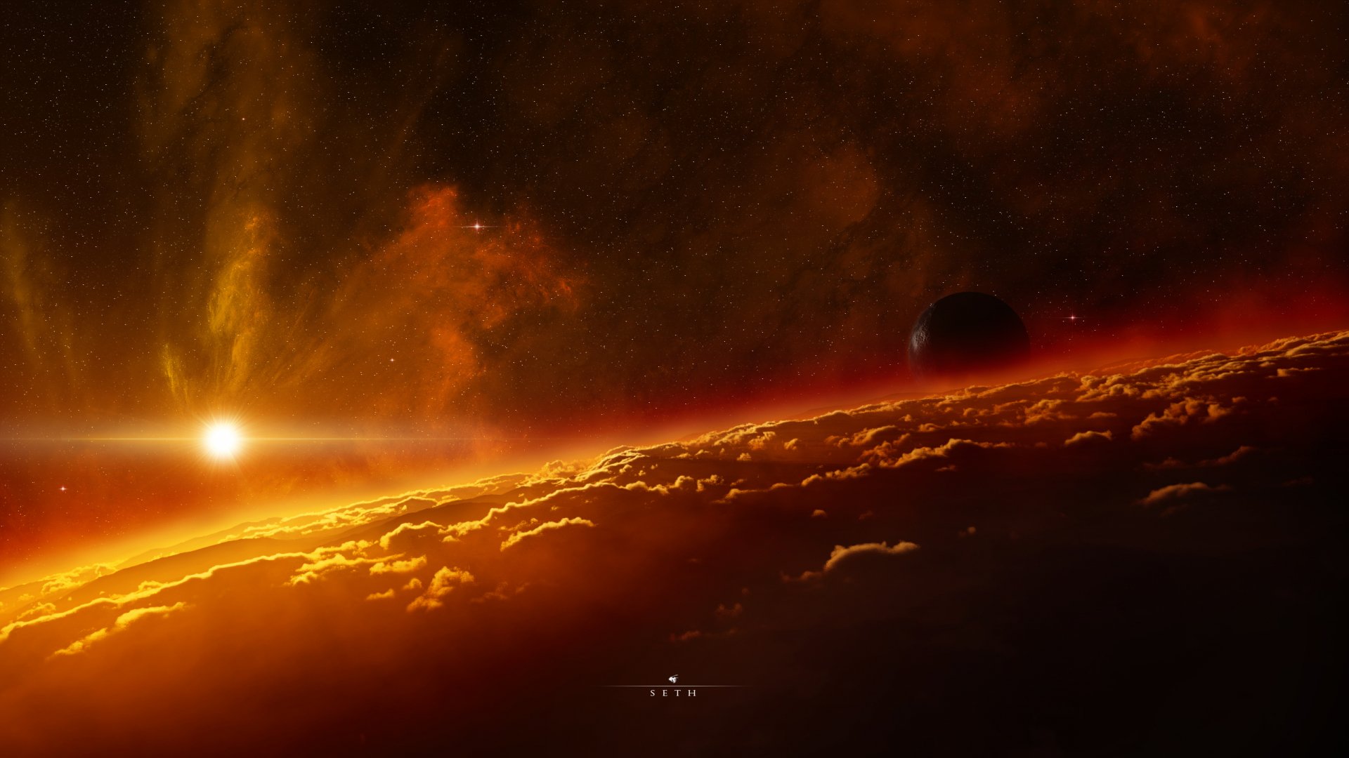 A stunning sci-fi sunrise illuminates a distant planet, with vibrant orange and red hues reflecting off clouds, creating a captivating HD desktop wallpaper.