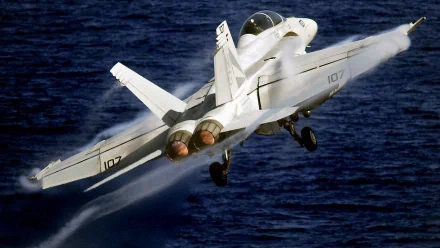 HD desktop wallpaper featuring a McDonnell Douglas F/A-18 Hornet military jet ascending over the ocean.