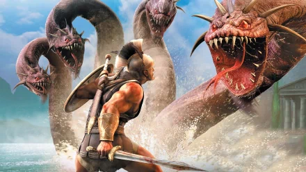 HD PC desktop wallpaper from the video game Titan Quest showing a warrior battling a multi-headed hydra in a stormy sea setting.