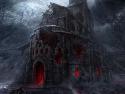 A dark, ominous building stands amidst a foggy landscape, with glowing red windows and a foreboding atmosphere, creating an eerie HD desktop wallpaper and background.