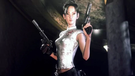 HD PC desktop wallpaper featuring Fong Ling from the video game Resident Evil: Dead Aim, holding two pistols in a dark, atmospheric setting.
