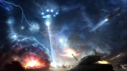 A dramatic sci-fi scene depicting an intense battle with tanks and a hovering UFO, set against a backdrop of lightning and explosions, creating a vivid HD desktop wallpaper.