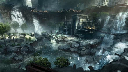 Sci-fi post-apocalyptic HD desktop wallpaper depicting a flooded cityscape with ruined buildings and the partially submerged Statue of Liberty amid cascading waterfalls.