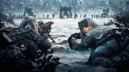 A dramatic sci-fi scene depicting a tense battle in a snowy landscape, featuring soldiers in combat gear strategizing against towering foes in the background. High-definition wallpaper.