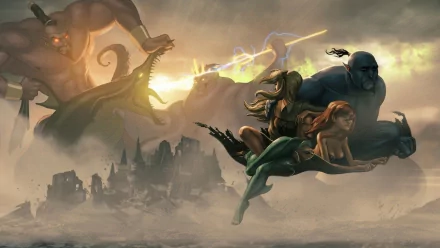 HD fantasy PC desktop wallpaper depicting a dramatic scene of giants and warriors in battle above a foggy, ruined cityscape.