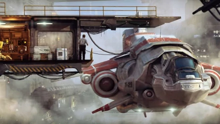 HD sci-fi desktop wallpaper featuring a spaceship docked at a futuristic platform with a person standing nearby, surrounded by a foggy cityscape.