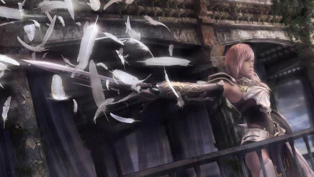 A high-definition desktop wallpaper featuring Claire Farron, also known as Lightning from Final Fantasy XIII-2, poised with a sword amidst a flurry of feathers.