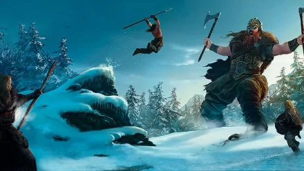 HD fantasy desktop wallpaper depicting a giant warrior in snowy woods facing a leaping opponent wielding a spear.