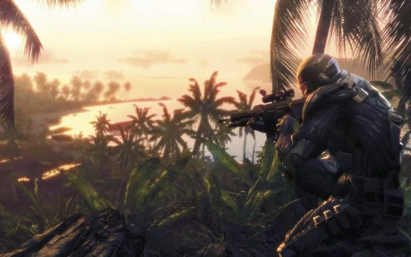 HD PC desktop wallpaper from the video game Crysis 2, featuring a soldier in advanced armor aiming a rifle in a tropical jungle at sunset.