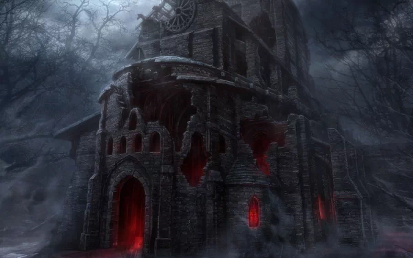 A dark, ominous building stands amidst a foggy landscape, with glowing red windows and a foreboding atmosphere, creating an eerie HD desktop wallpaper and background.