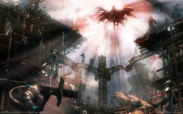 HD wallpaper featuring Vincent Valentine from Dirge of Cerberus: Final Fantasy VII, depicting a dramatic scene with futuristic architecture and characters in an intense setting.