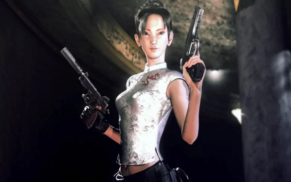 HD PC desktop wallpaper featuring Fong Ling from the video game Resident Evil: Dead Aim, holding two pistols in a dark, atmospheric setting.