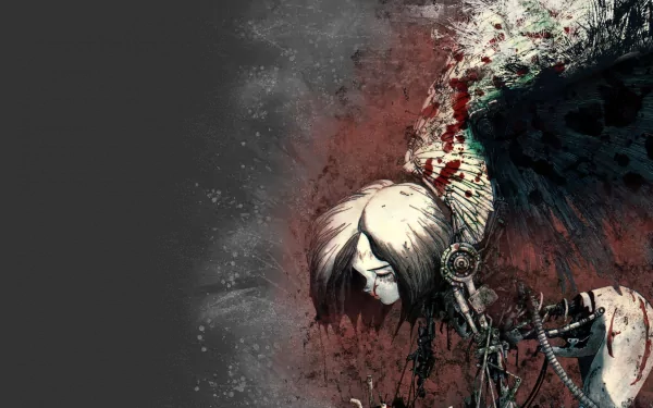 High-definition wallpaper featuring a striking depiction of Battle Angel Alita, showcasing her cyborg form against a dramatic, textured backdrop.