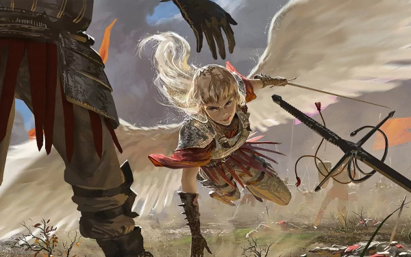 Fantasy-themed HD PC desktop wallpaper depicting a dynamic angel warrior descending with a sword, set against a dramatic, stormy battlefield background.