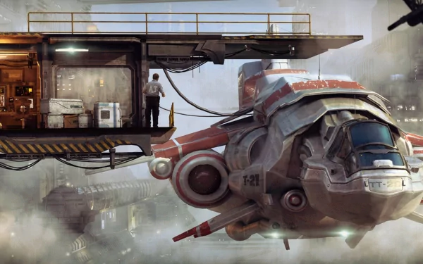 HD sci-fi desktop wallpaper featuring a spaceship docked at a futuristic platform with a person standing nearby, surrounded by a foggy cityscape.