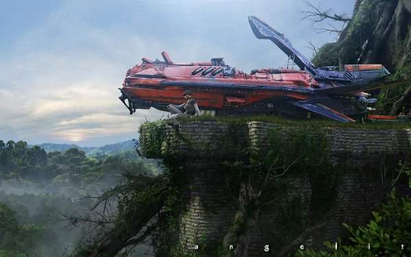 A vibrant HD desktop wallpaper featuring a futuristic spacecraft resting on a lush, overgrown cliffside, surrounded by misty mountains and a serene sky.