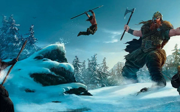 HD fantasy desktop wallpaper depicting a giant warrior in snowy woods facing a leaping opponent wielding a spear.