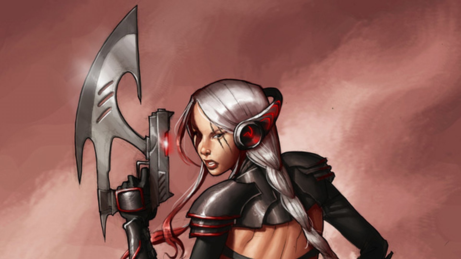 HD PC desktop wallpaper: fantasy woman warrior with braided silver hair, exposed back and shoulder armor, red-lit headset and eye, gripping a large bladed axe against a smoky red background.