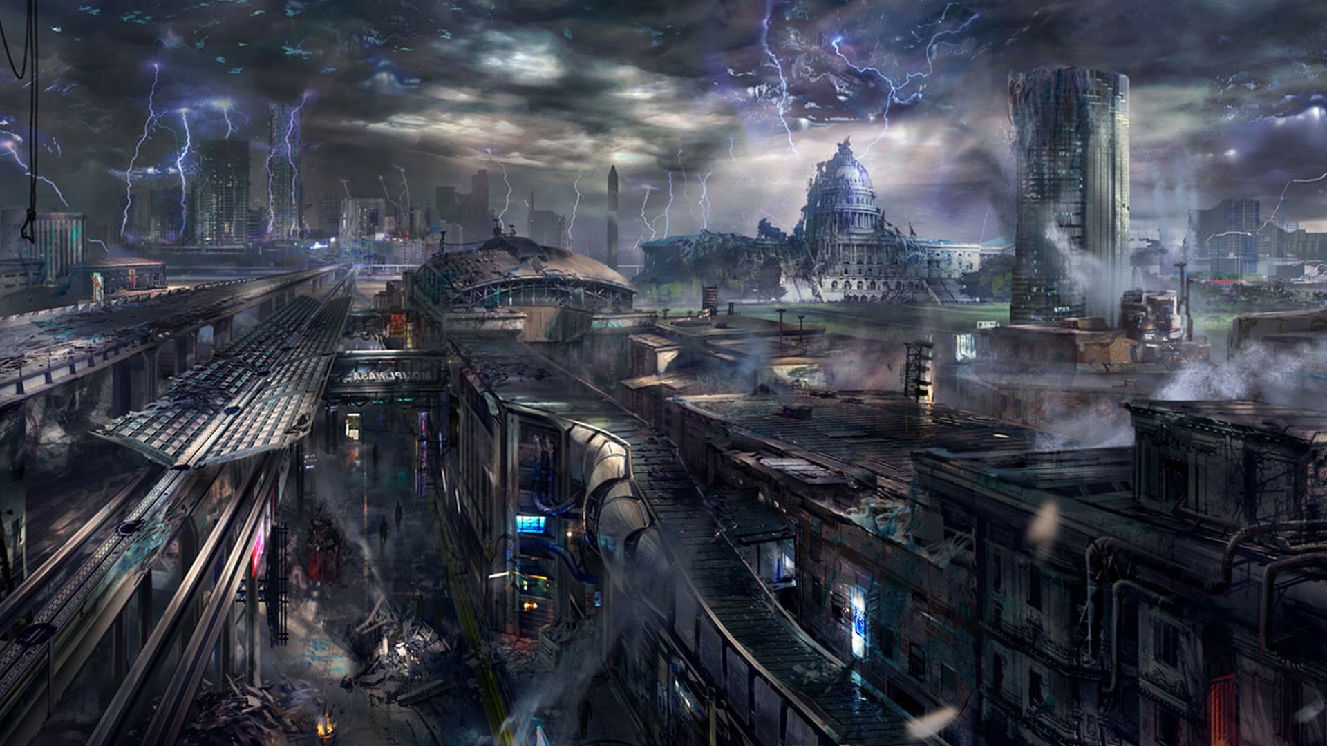 A dark, futuristic sci-fi cityscape under stormy skies with towering buildings and lightning, presented as an HD PC desktop wallpaper and background.