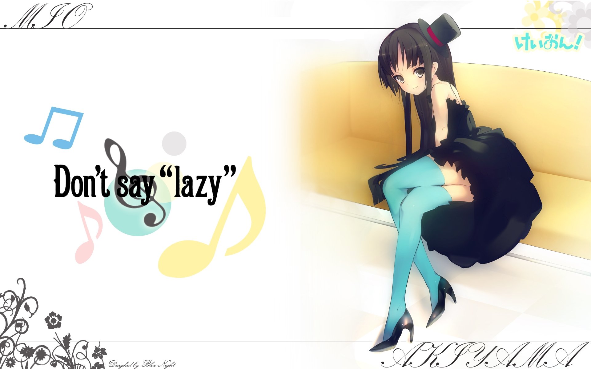 HD PC desktop wallpaper: K-ON! anime girl in a black dress and teal stockings seated on a yellow couch, surrounded by musical notes and the text Don't say 'lazy'.